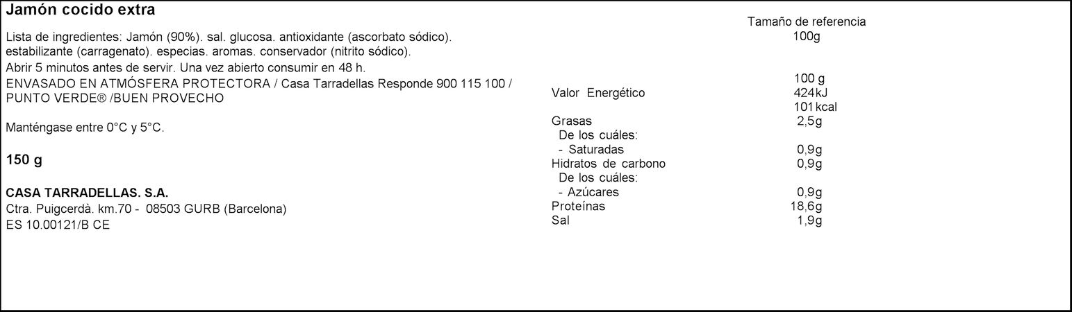 Jamón cocido finas lonchas Casa Tarradellas 150g