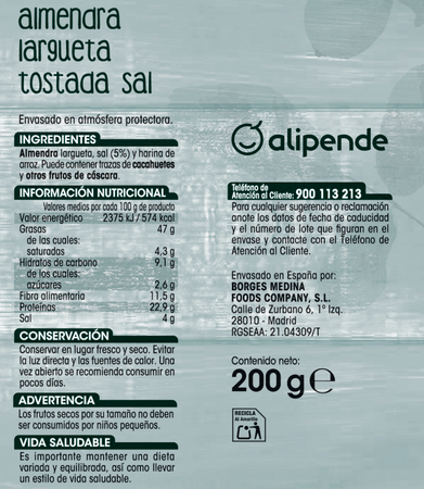 Almendra largueta tostada Alipende 200g