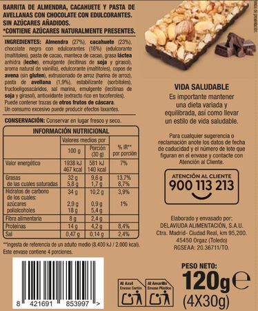 Barritas de frutos secos con chocolate negro 0% azúcar añadido Alipende 120g