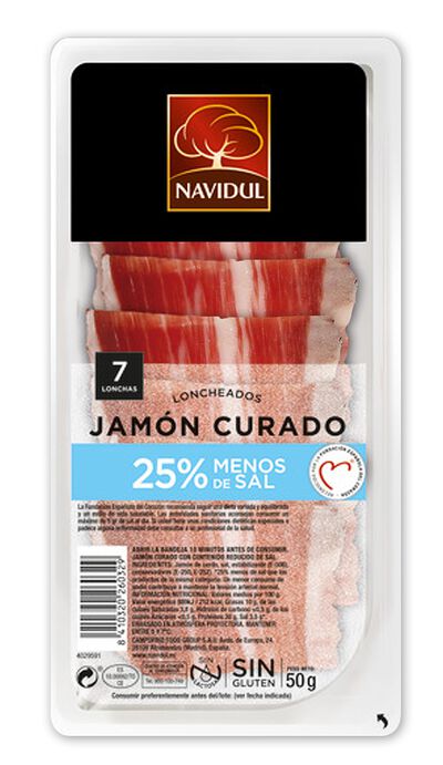 Jam&oacute;n curado en lonchas reducido en sal Navidul 45 gr