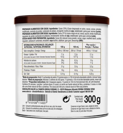 Cacao negro sin gluten soluble Valor 300g 70%