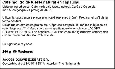 Caf&eacute; espresso origen Colombia para m&aacute;quinas Nespresso intensidad 8 L'Or 50 c&aacute;psulas