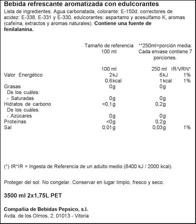 Refresco cola Pepsi zero botella 1,75l pack 2