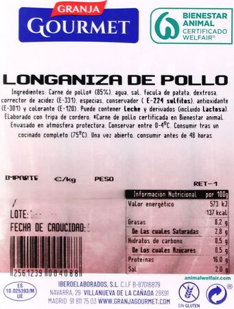 Longaniza de pollo Granja Gourmet 400g aproximadamente