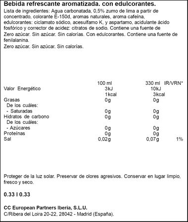 Refresco zero de lima y cola Coca Cola 33cl