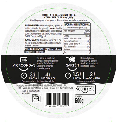 Tortilla de patata sin gluten Alipende 600g sin cebolla