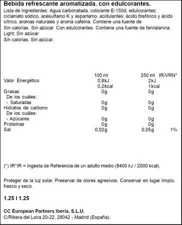 Refresco de cola sin azúcar sin calorías Coca-Cola 1,25l