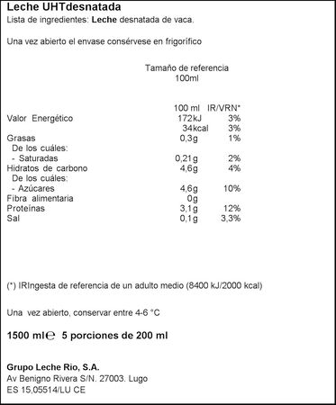 Leche R&iacute;o 1,5l desnatada brik