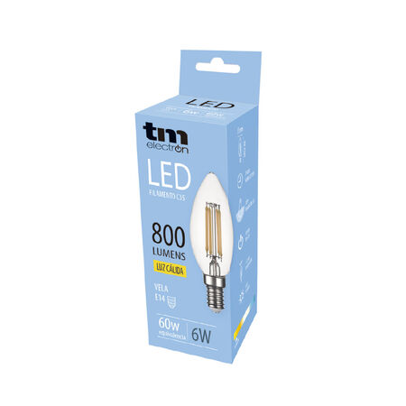Bombilla Led vela e14 filamento TM c35 6W cálida