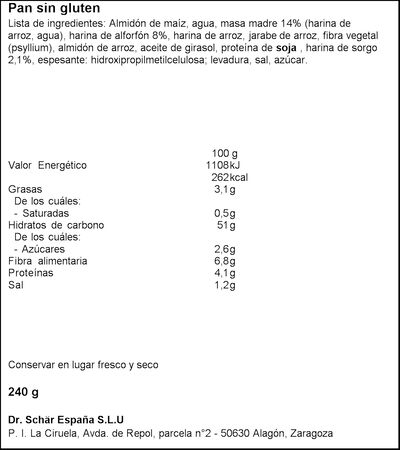Pan payés Schar 240g sin gluten