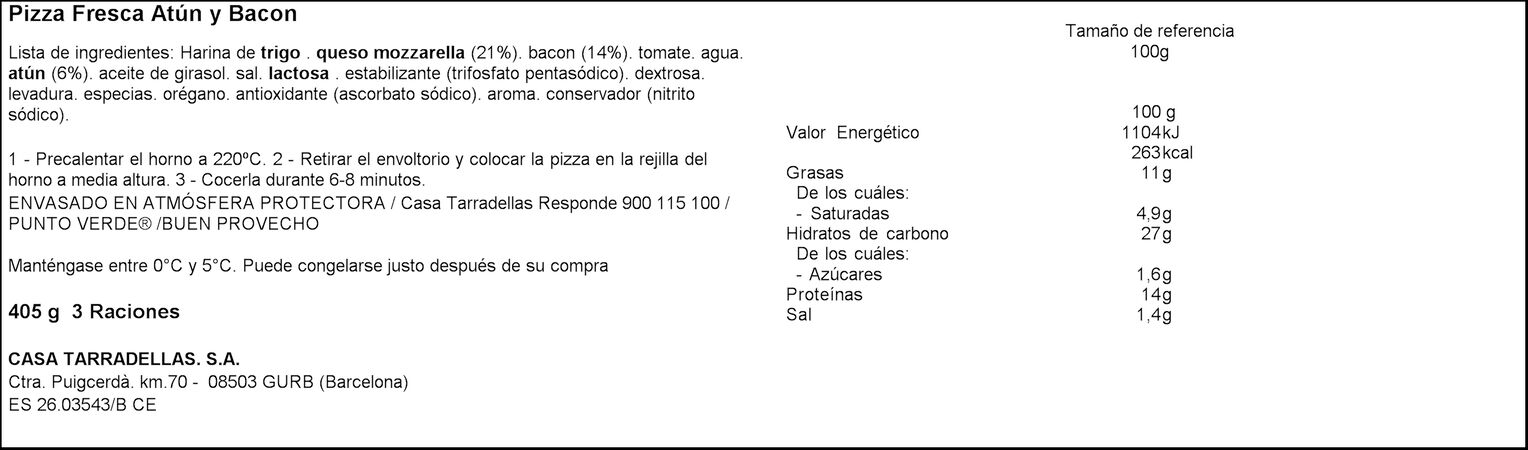 Pizza Casa Tarradellas 405g Atún y bacon
