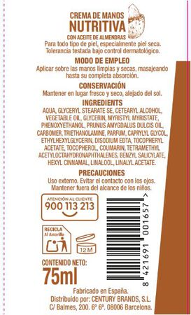 Crema de manos nutritiva con aceite de almendras Bodyplus 75ml