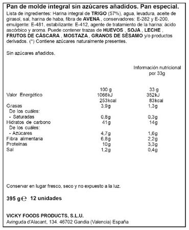 Pan de molde integral 0% azucares Dulcesol 395g