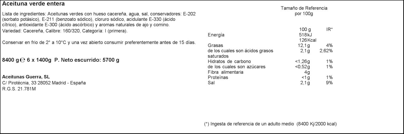 Aceitunas verdes con hueso campo real Guerra 950g