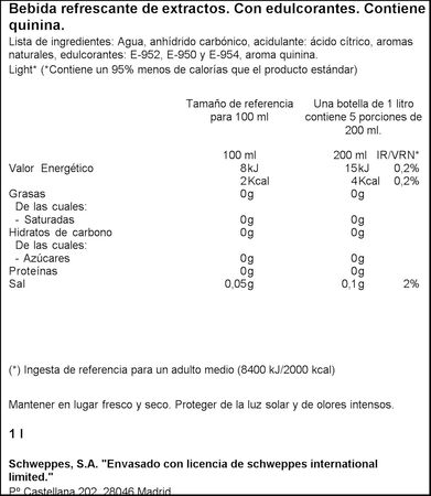 T&oacute;nica zero Schweppes botella 1l