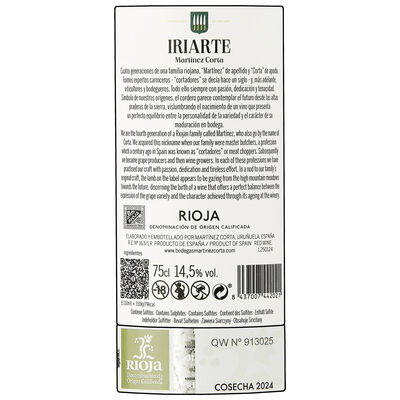 Vino tinto denominaci&oacute;n de origen rioja tempranillo Iriarte 75cl