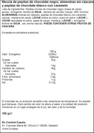 Mix de pepitas de chocolate negro, caramelo y almendras Vahiné 100g