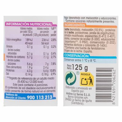 Yogur sin az&uacute;car a&ntilde;adido Alipende pack 4 con melocot&oacute;n 500g