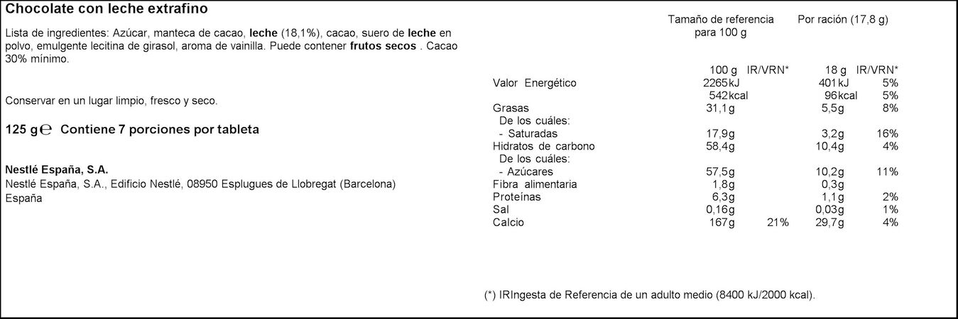 Chocolate con leche sin gluten Nestlé 125g