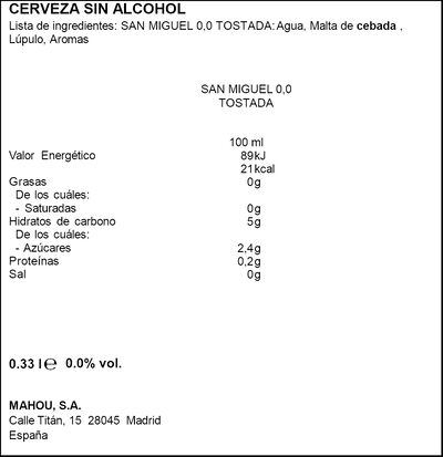 Cerveza sin alcohol San Miguel 00 Tostada 33cl
