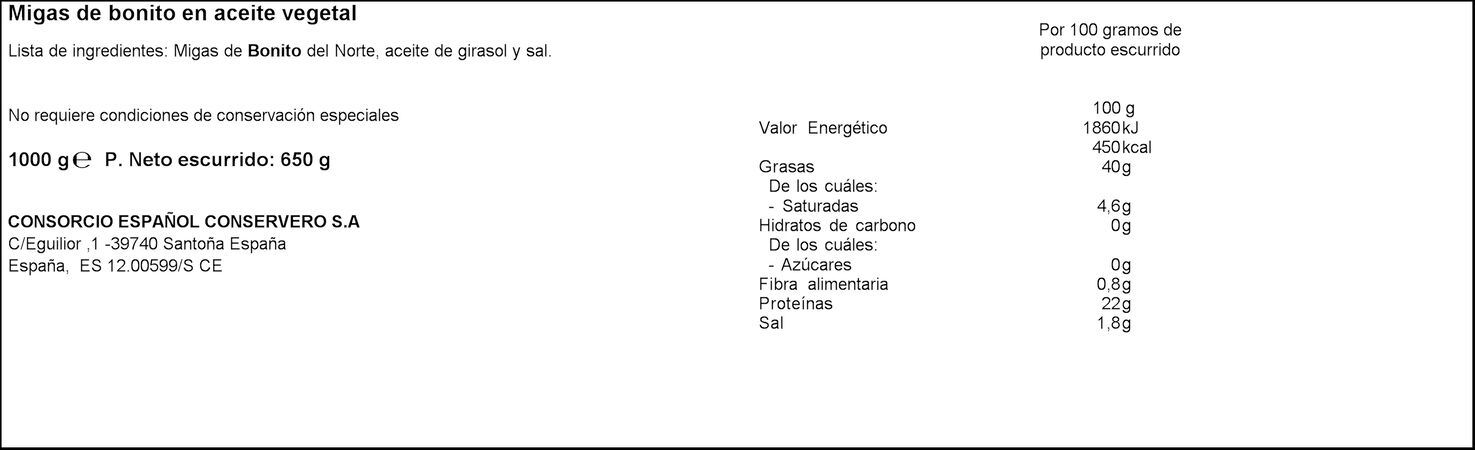 Migas de bonito del norte en aceite vegetal Consorcio 650g