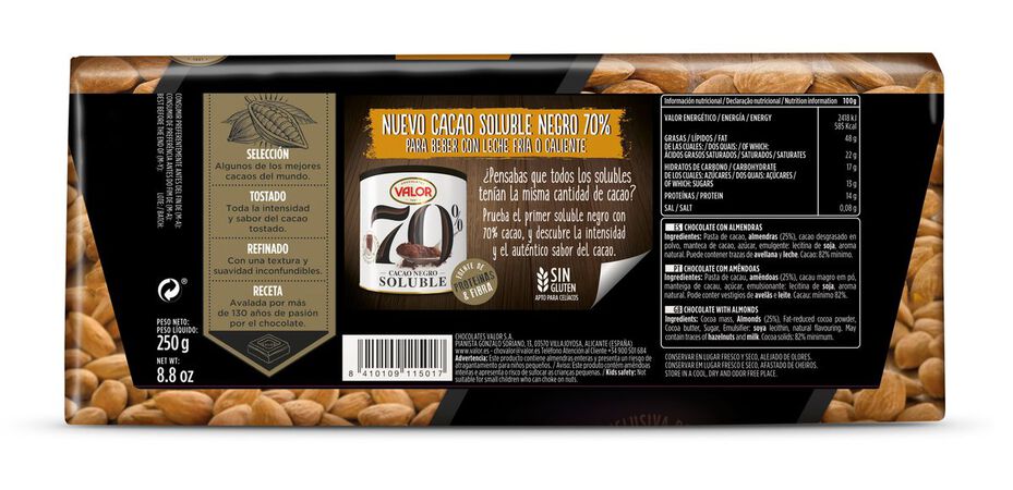 Chocolate negro Valor 250g 82% de cacao con almendras