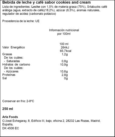 Bebida de leche con caf&eacute; frappuccino cookies & cream Starbucks 250 ml