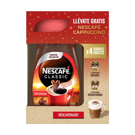 Café soluble descafeinado Nescafé 200g + 4 sobres capuccino 53g