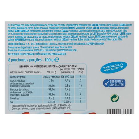 Barritas de chocolate con leche Kinder 8u
