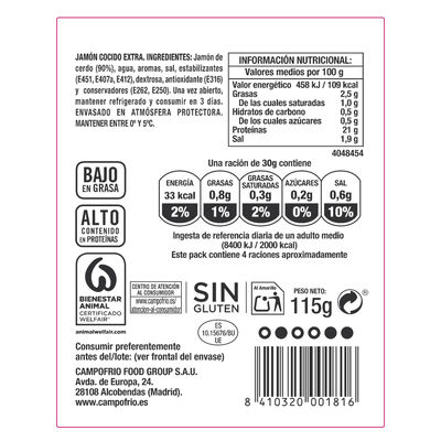 Jam&oacute;n cocido en lonchas finas finissimas Campofr&iacute;o 115g