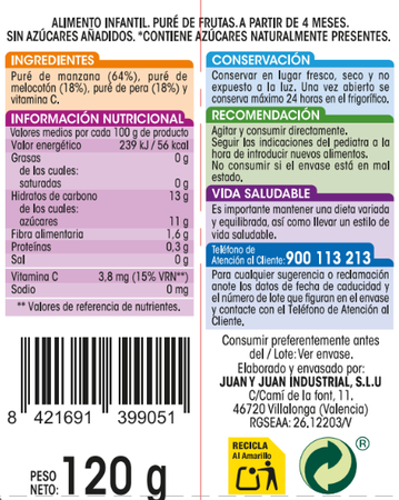 Pouch Alipende frutas manzana pera melocotón 120g