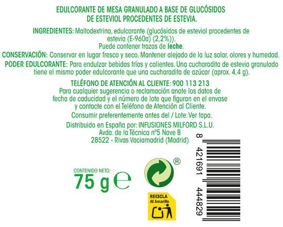 Edulcorante stevia Alipende 75g granulado