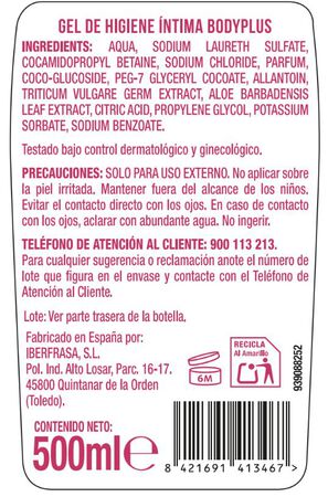 Gel &iacute;ntimo Bodyplus 500 ml Aloe Vera