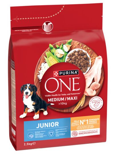 Alimento de perro PURINA ONE® MEDIUM/MAXI >10kg Junior Pollo y Arroz 2,5kg