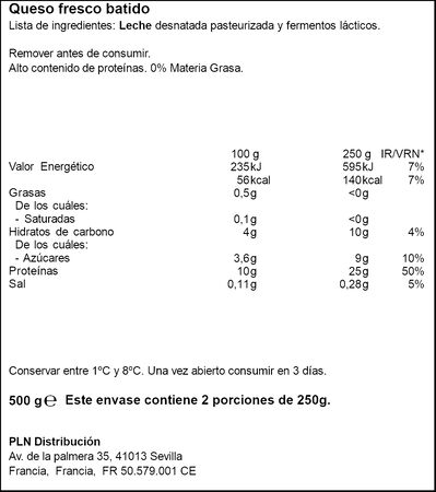 Queso fresco batido 25g prote&iacute;nas 0% materia grasa Margui 500g