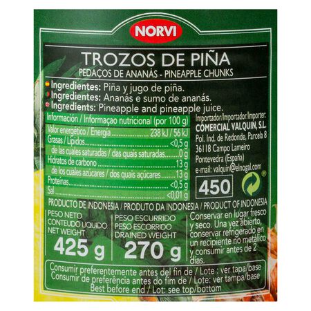 Piña en su jugo sin azucar añadido Norvi 270g en trozos