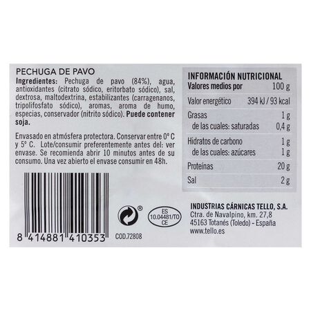 Pechuga de pavo en finas lonchas esencia Tello 125g