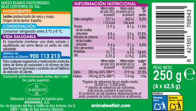 Queso blanco sin sal Alipende pack 4 uds