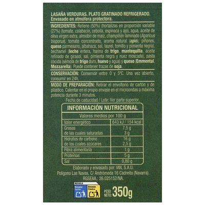 Lasa&ntilde;a gratinada con verduras 350g