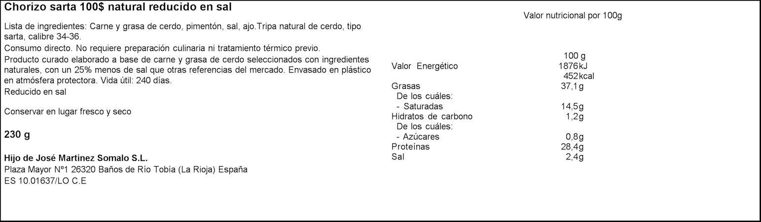 Chorizo sarta reducido en sal Martínez Somalo pieza 230g