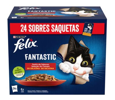 Alimento para gato en gelatina Fantastic Felix 24 unid pollo buey conejo y cordero