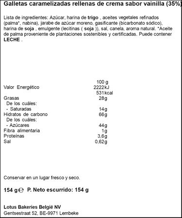 Galleta rellena de vainilla Biscoff Lotus 154g