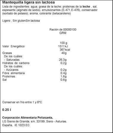 Mantequilla ligera sin lactosa Asturiana 250g