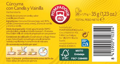 Infusi&oacute;n con c&uacute;rcuma canela y vainilla Pompadour 20 unidades