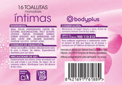 Toallitas &iacute;ntimas Bodyplus 16 uds