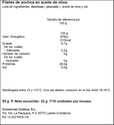 Filetes de anchoa en aceite de oliva serie oro 7/10 unid Codesa 55g