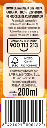 Bebida de zumo 100% exprimido sin pulpa Alipende 200 ml