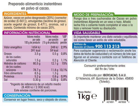Cacao instantáneo sin gluten Alipende 1kg