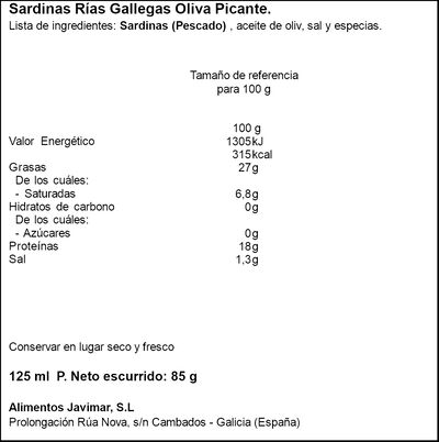 Sardinas con aceite de oliva picante Javimar 85g