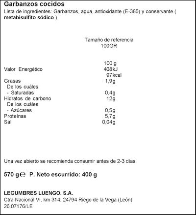 Garbanzo sin sal cocido Luengo 570 g
